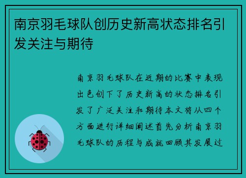 南京羽毛球队创历史新高状态排名引发关注与期待
